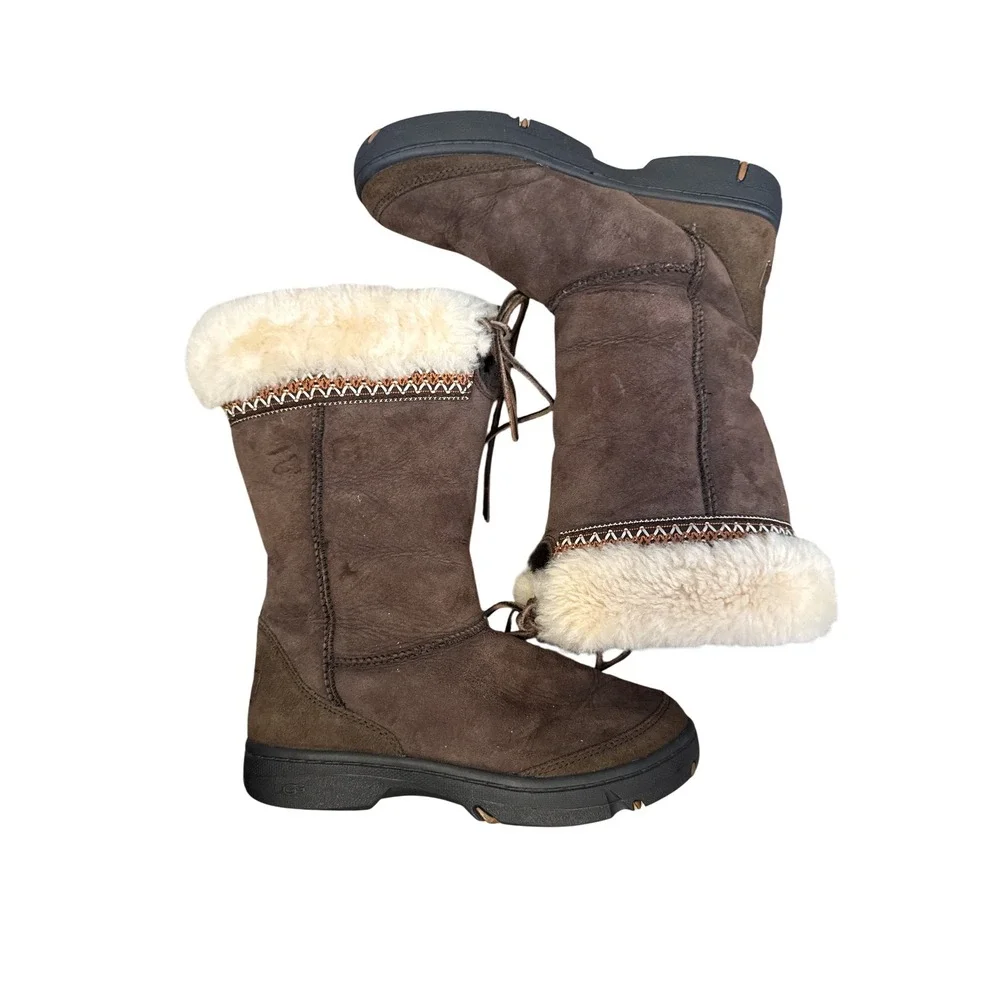 UGG Australia Sunburst Tall Boots Women‎ Size 7 Brown Sheepskin Suede S/N 5273